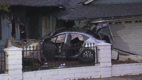 Power lines down after fiery car crash into Covina home