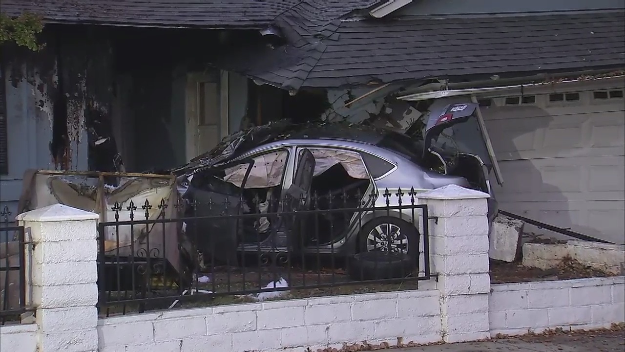 Power lines down after fiery car crash into Covina home