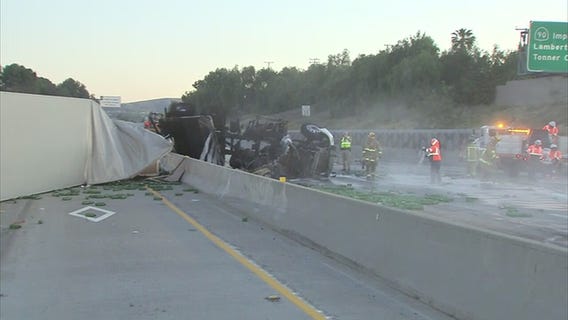 Overturned big rig shuts down 57 Freeway near Brea