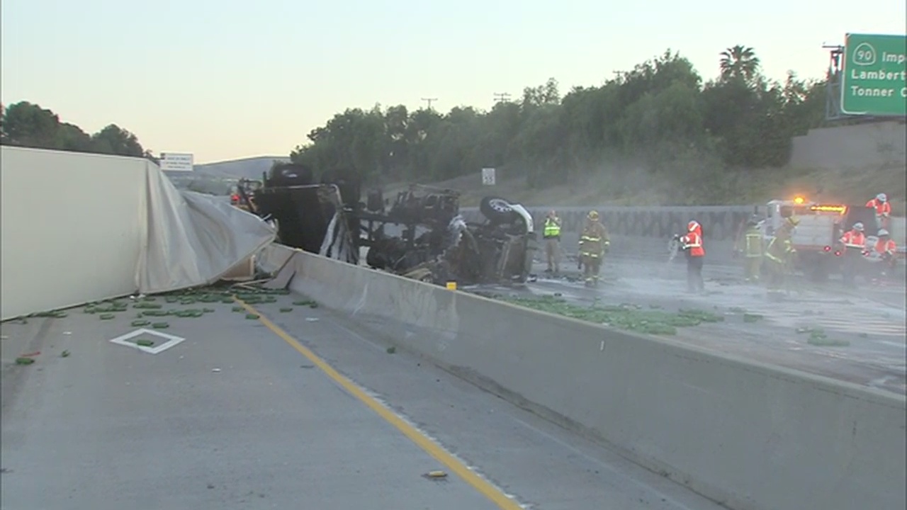 Overturned big rig shuts down 57 Freeway near Brea