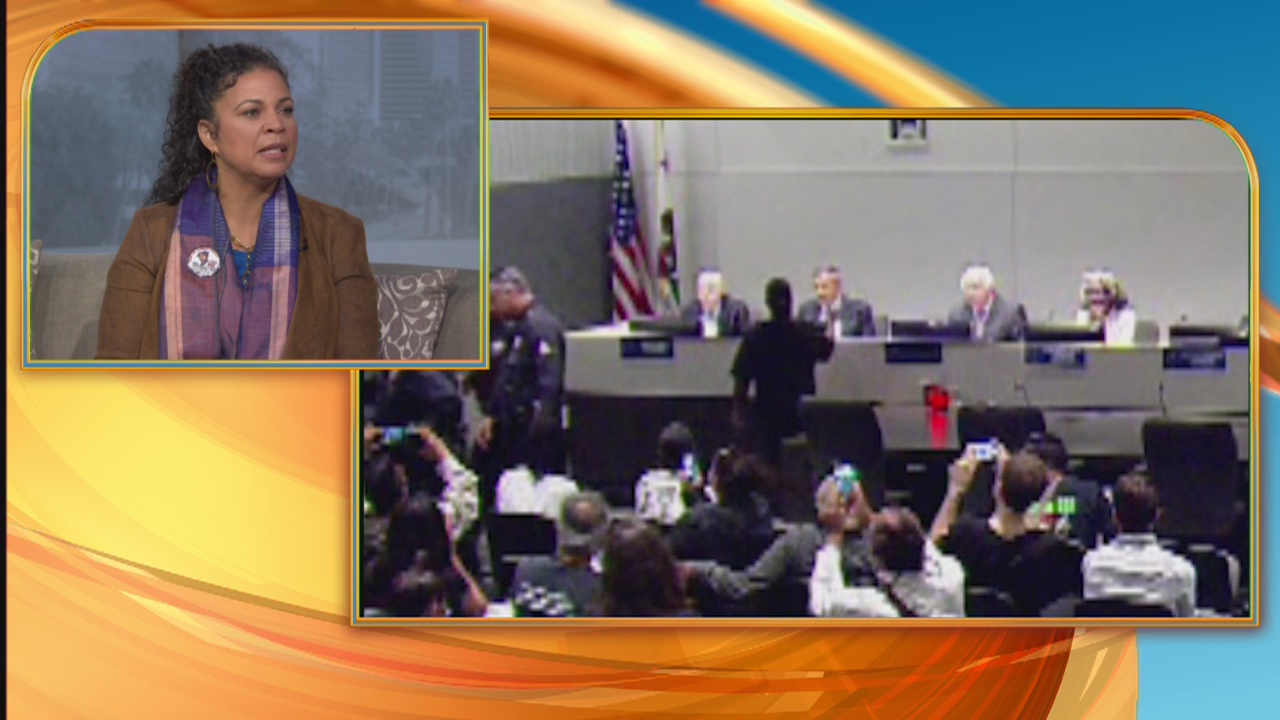 Melina Abdullah, professor and co-founder of BLM Los Angeles, discusses arrest at police commission hearing