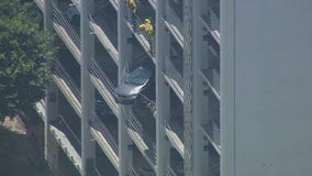 Car dangles from Santa Monica parking garage