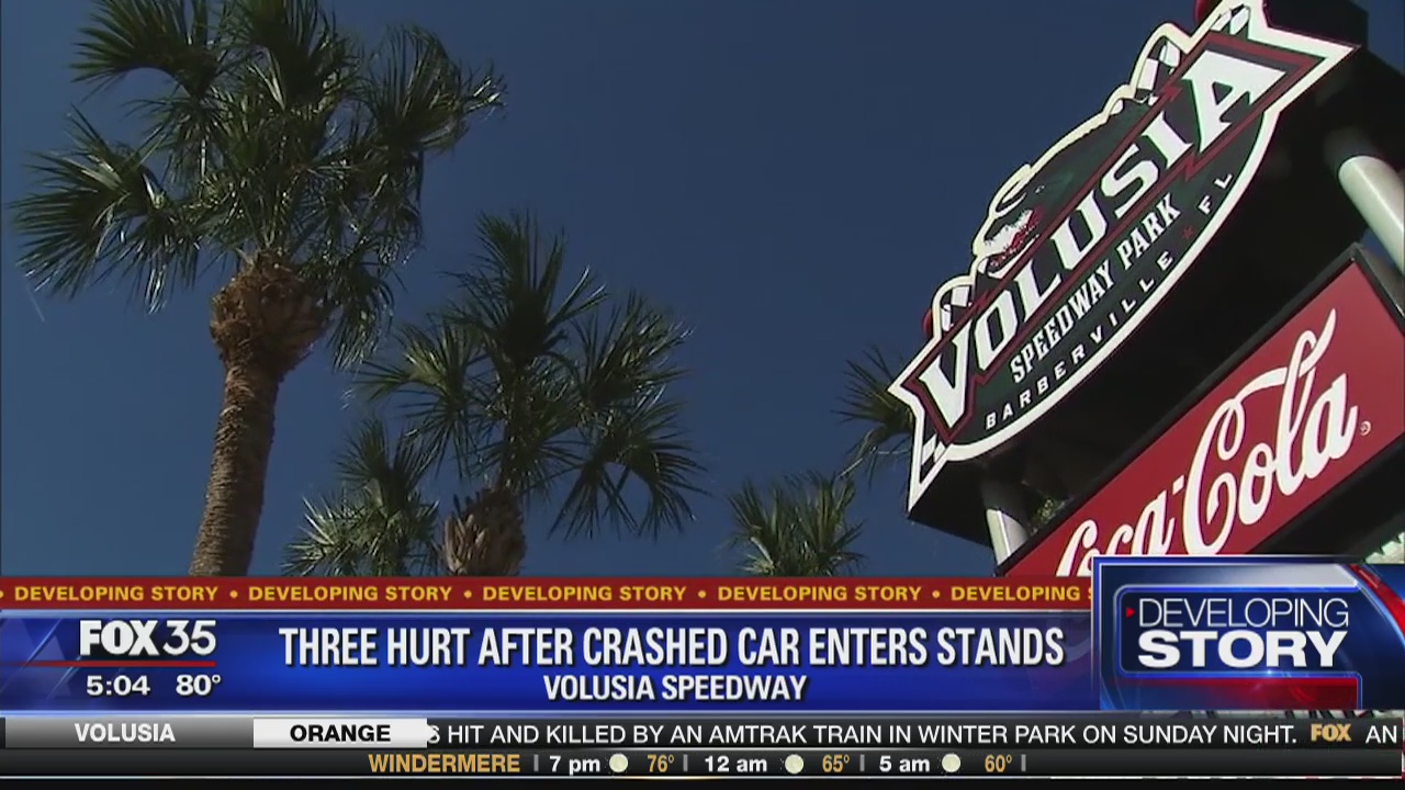 3 hurt when car crashes into stands