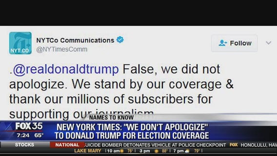 New York Times does not apologize to Donald Trump for election coverage