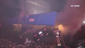 Car erupts in flames after slamming into Fullerton building