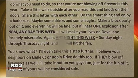 Police investigating neighbor's threatening letter over fireworks