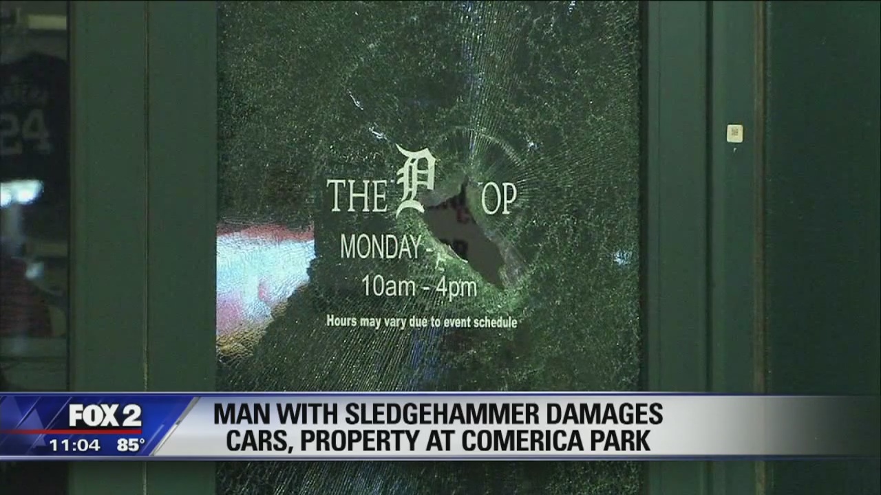 Suspect takes sledgehammer to several windows at Comerica Park