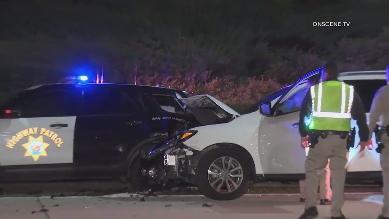 Speeding driver slams into CHP car during investigation of wrong way accident