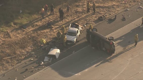 Overturned car on Ronald Reagan Freeway in Mission Hills causing backups