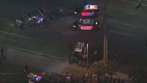 Crews respond to multiple-vehicle wreck involving LAPD cruiser