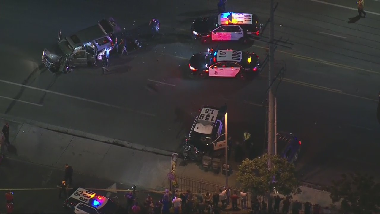 Crews respond to multiple-vehicle wreck involving LAPD cruiser