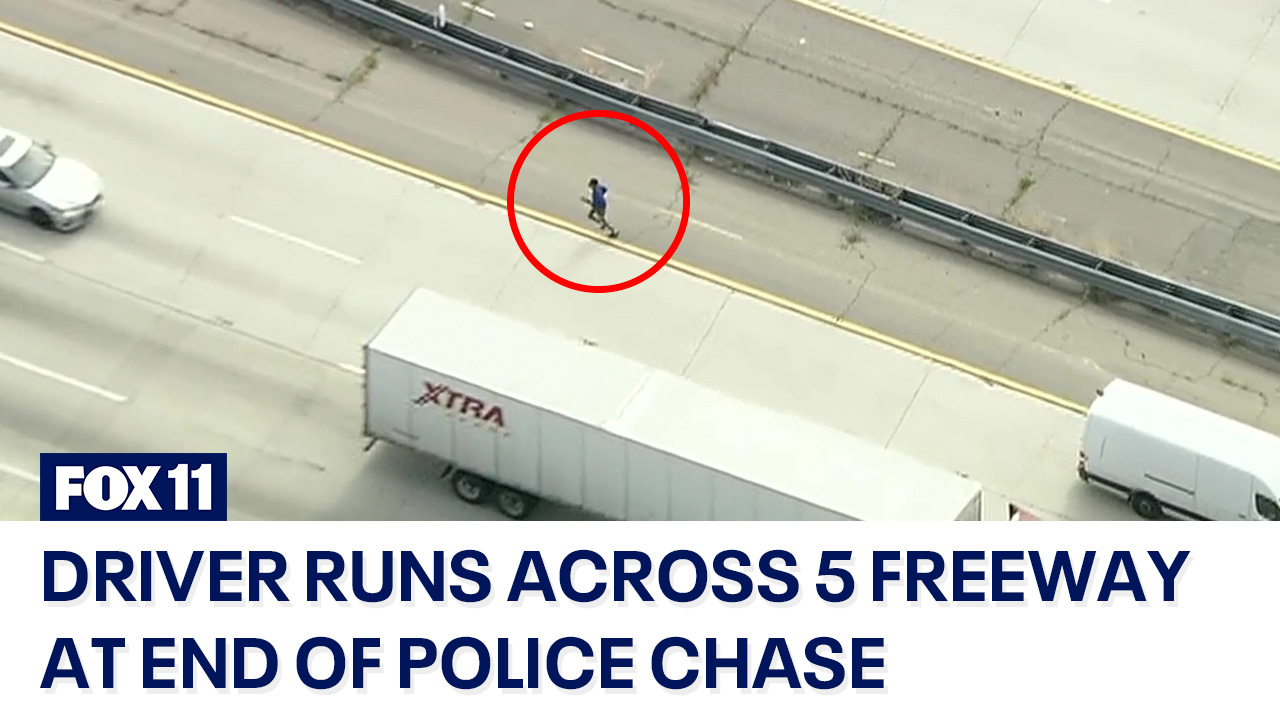 Police chase suspect crashes, runs across freeway