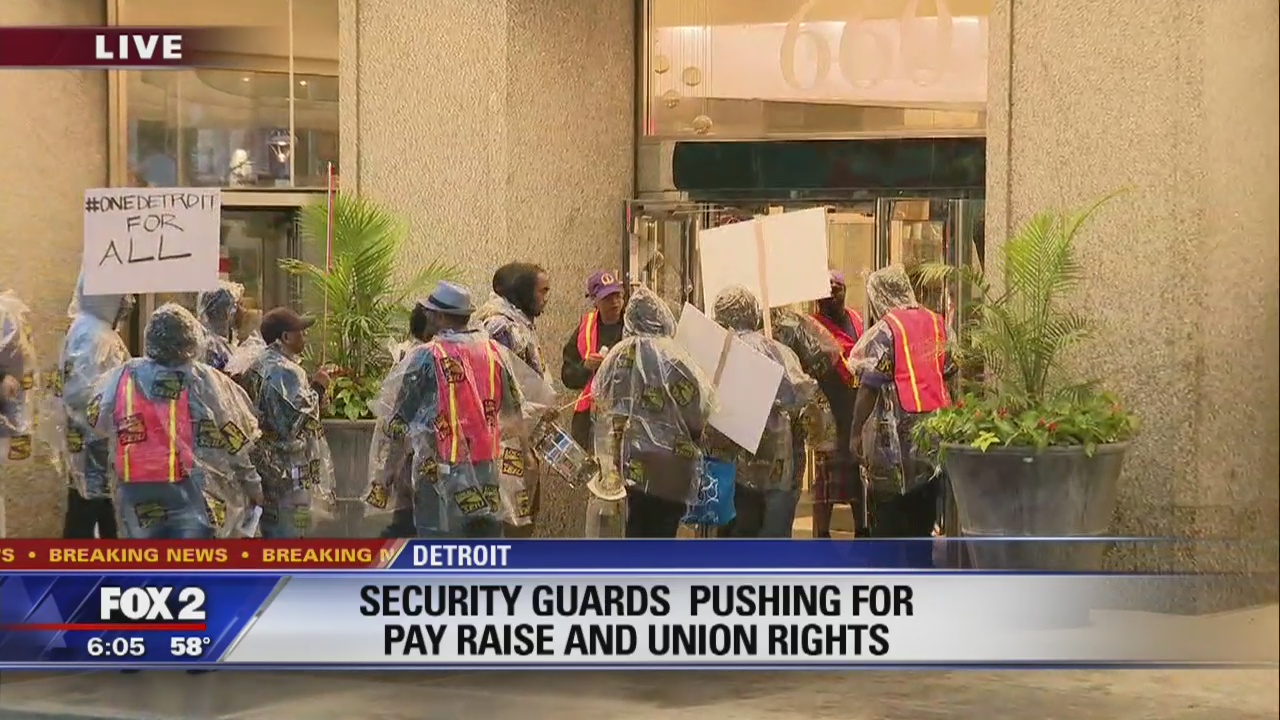 Security guards on strike, pushing for higher pay and Union rights