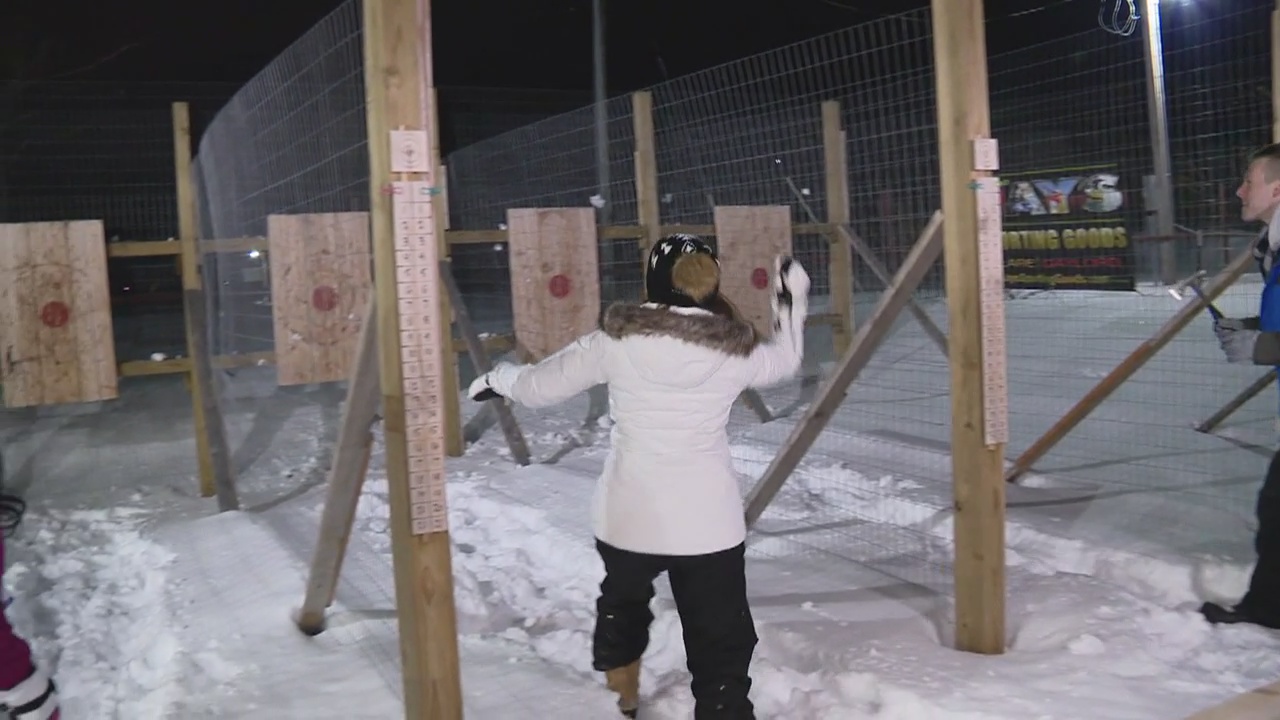 The Nine tries Axe Throwing at the Belle Iron Grill on the Winter Zip Trip to Gaylord