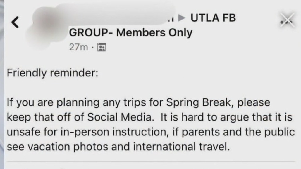 Private Facebook group warns teachers to not post vacation pics amid UTLA's push for safe return to class
