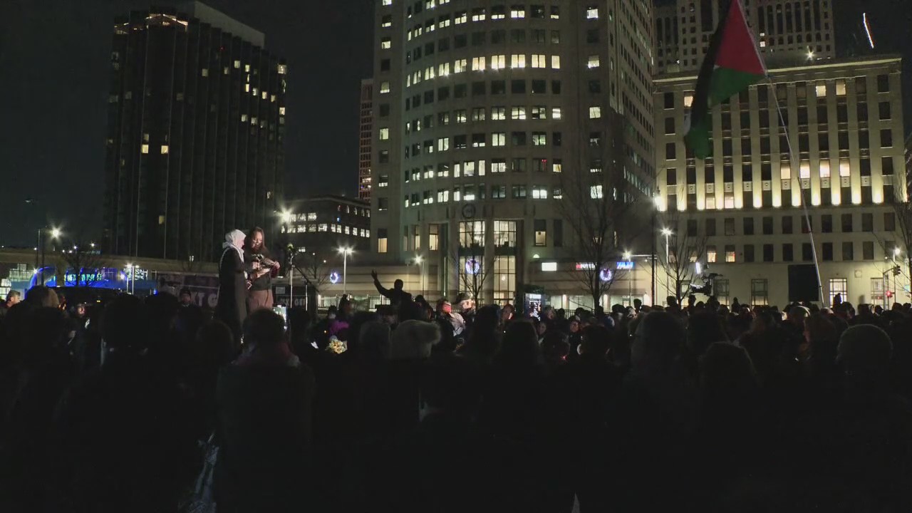 Hundreds call for peace in Palestine at Hart Plaza rally, featuring Rashida Tlaib