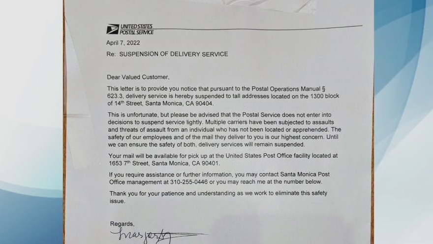 USPS suspends mail service for Santa Monica neighborhood