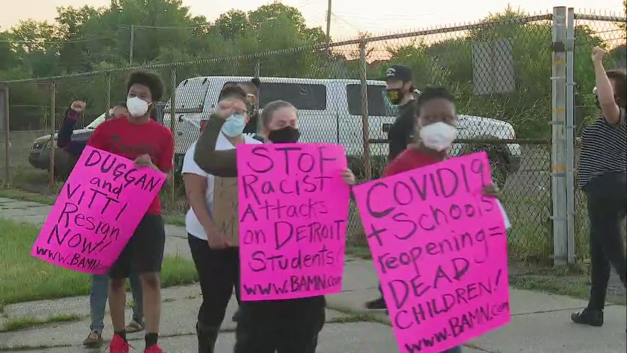Second day of protests outside Detroit School bus lot forming