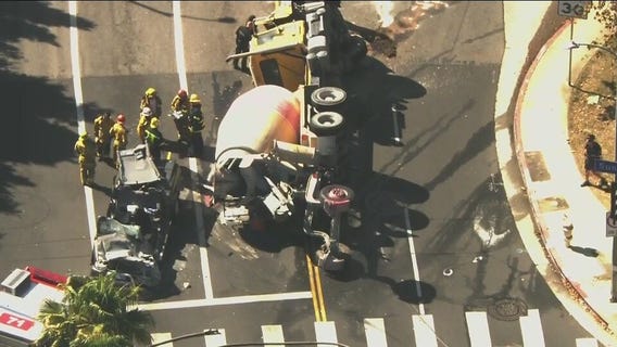 Cement truck overturns in Westwood