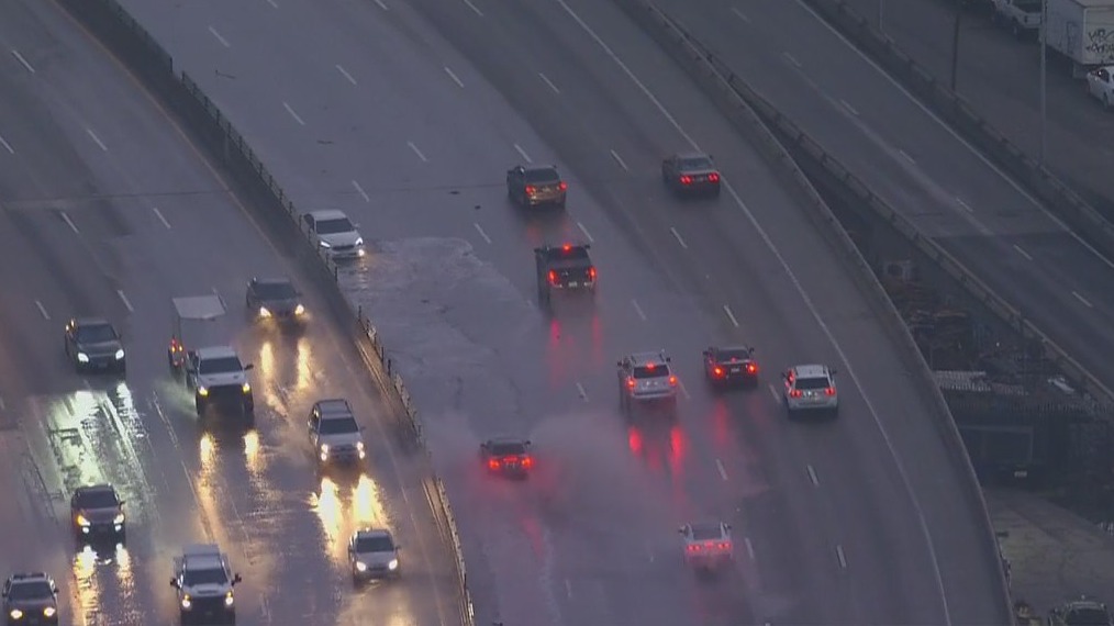 Standing water causes cars to spin out on 10 Freeway