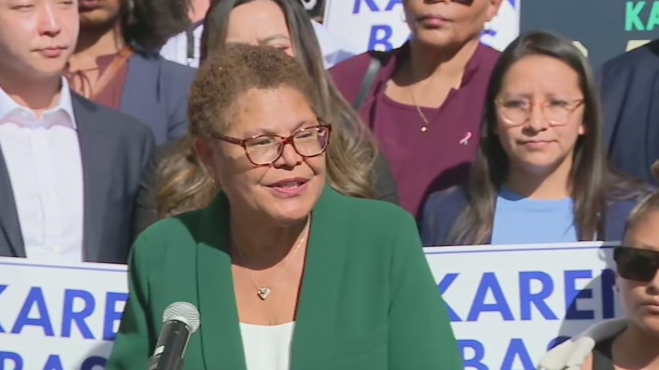 Karen Bass addresses supporters after mayoral win