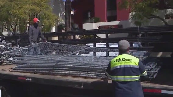 Peaceful night at Echo Park Lake as fences surrounding park were being taken down