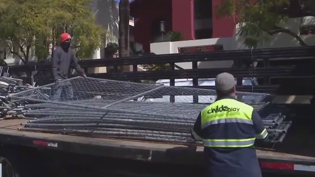 Peaceful night at Echo Park Lake as fences surrounding park were being taken down