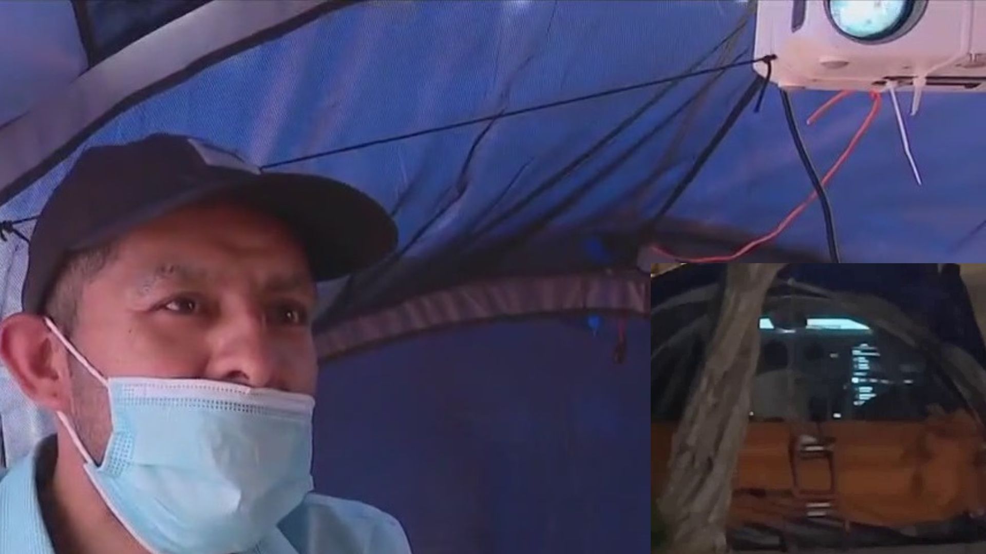 Man with TV projector defends fancy tent setup