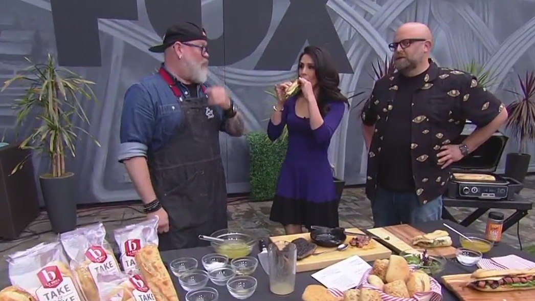 Steak sandwich with the Grill Dads and La Brea Bakery