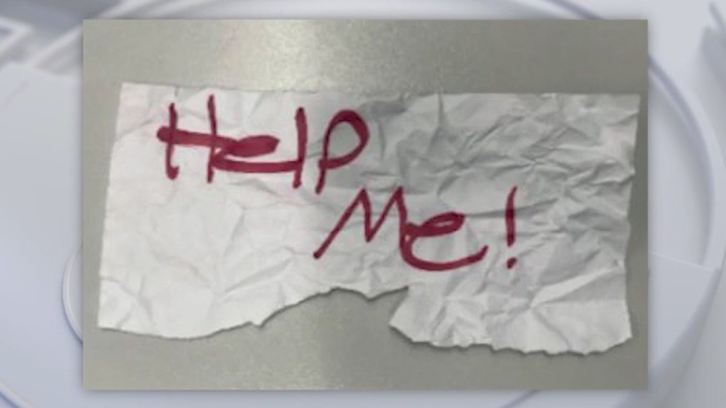 Kinapped girl holds 'Help Me' sign to passerbys