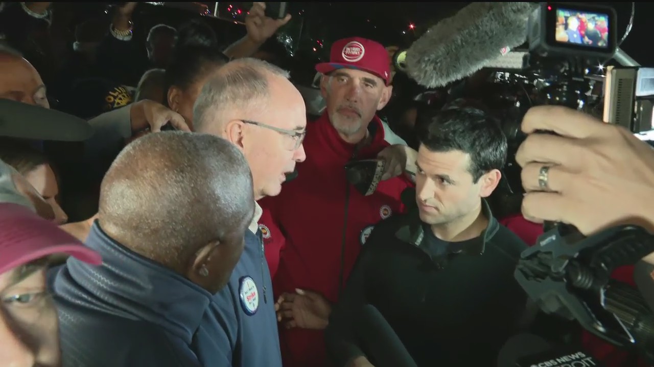 UAW President Shawn Fain speaks outside strike at Michigan Assembly Plant