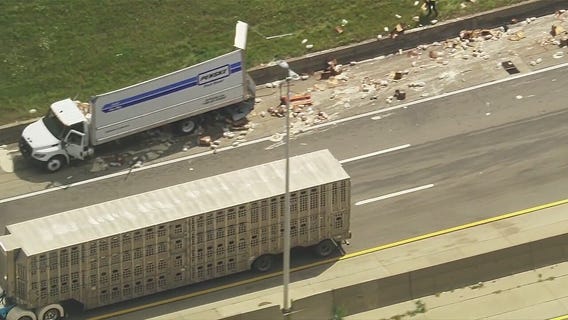 Truck crash on I-94 creates food spill of dressing or mayo on freeway