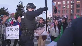 Cop yanks Mexican flag out of protester's hand