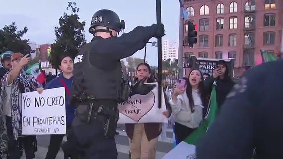 Cop yanks Mexican flag out of protester's hand