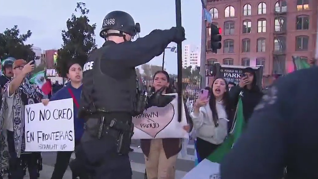 Cop yanks Mexican flag out of protester's hand