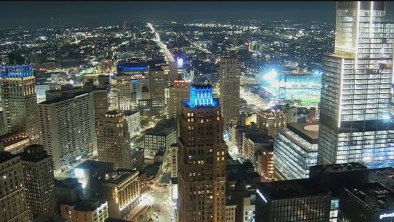 Downtown Detroit shining bright blue to support Pistons