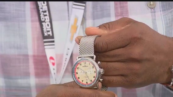 Showing off the Shinola watch that Detroit Grand Prix winners receive