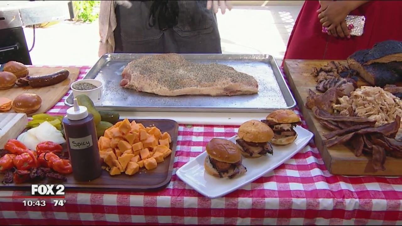 Bad Brad's BBQ Sliders, salmon, potato salad, and chocolate mousse