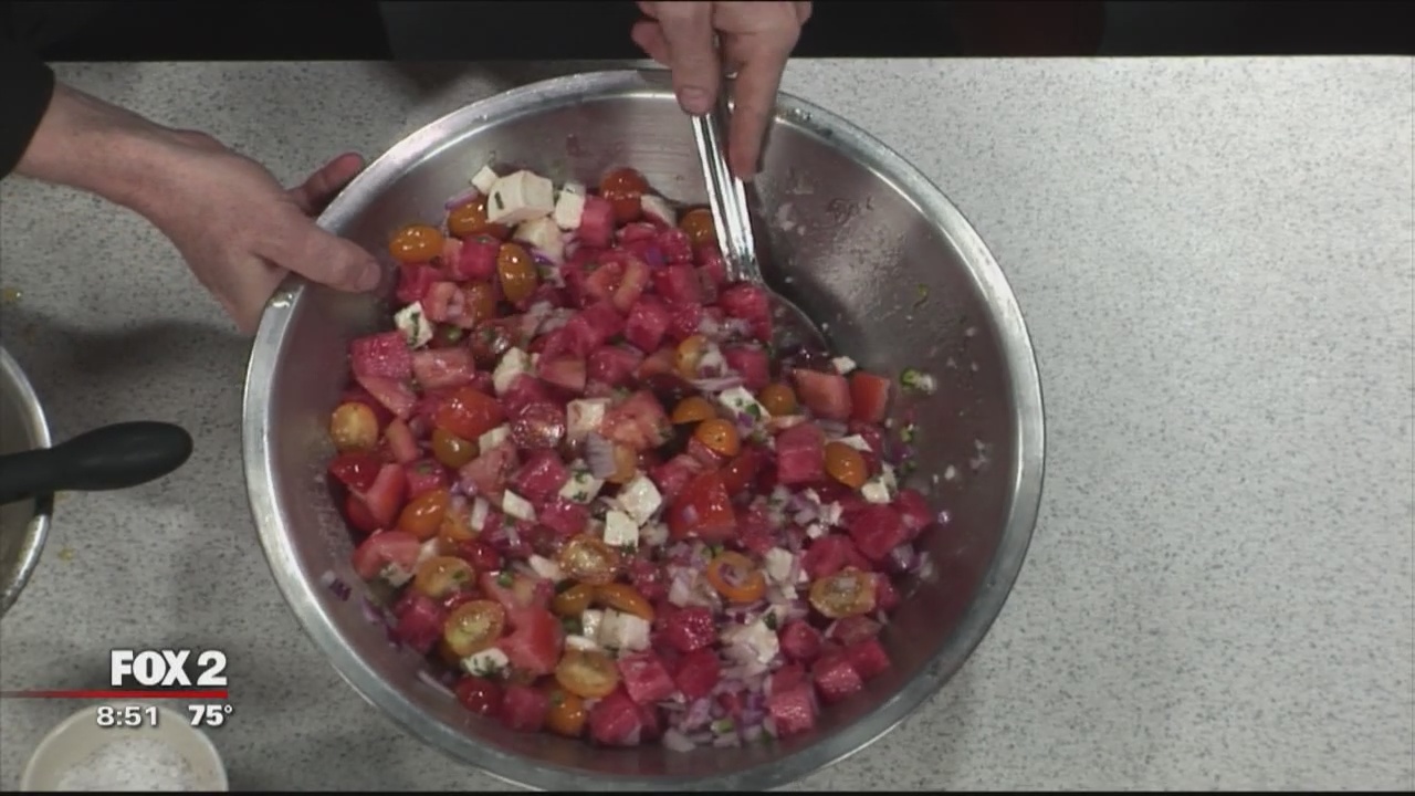 Tomato watermelon salad with C.A.Y.A. Smokehouse