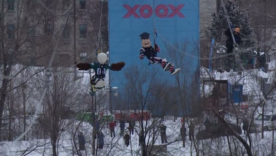 Eagles and Patriots mascots race on zipline