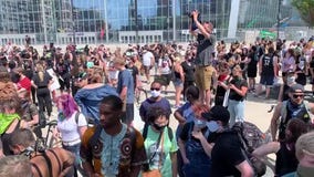 Crowd gathers to protest George Floyd death at US Bank Stadium