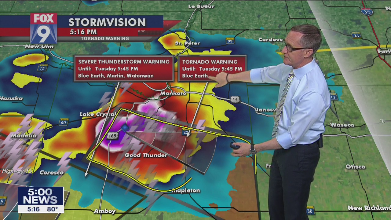 Confirmed reports of a tornado northeast of Garden City, Minn. during severe weather Tuesday