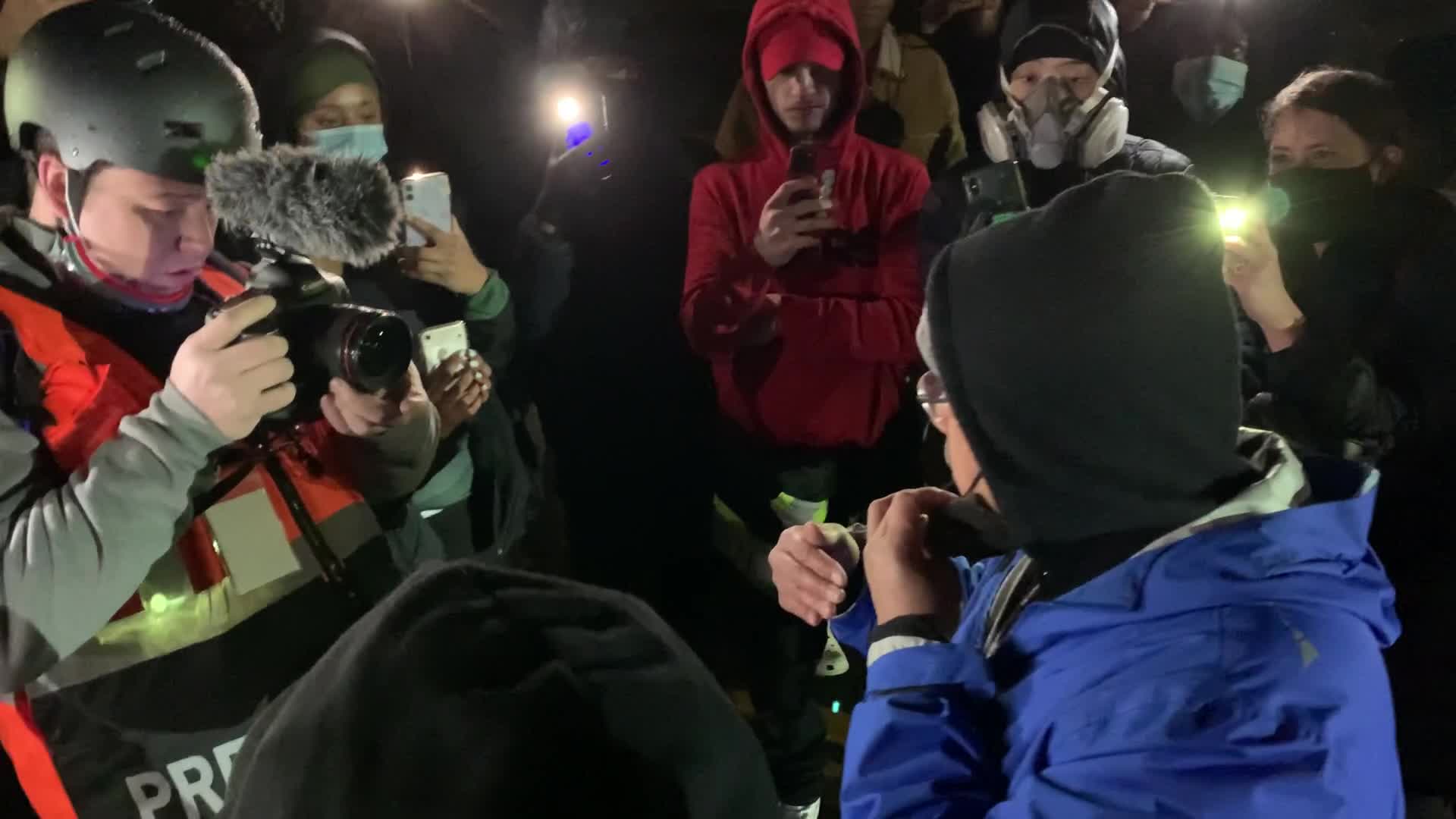 Attorney General Ellison speaks to protesters at Brooklyn Center Police Dept