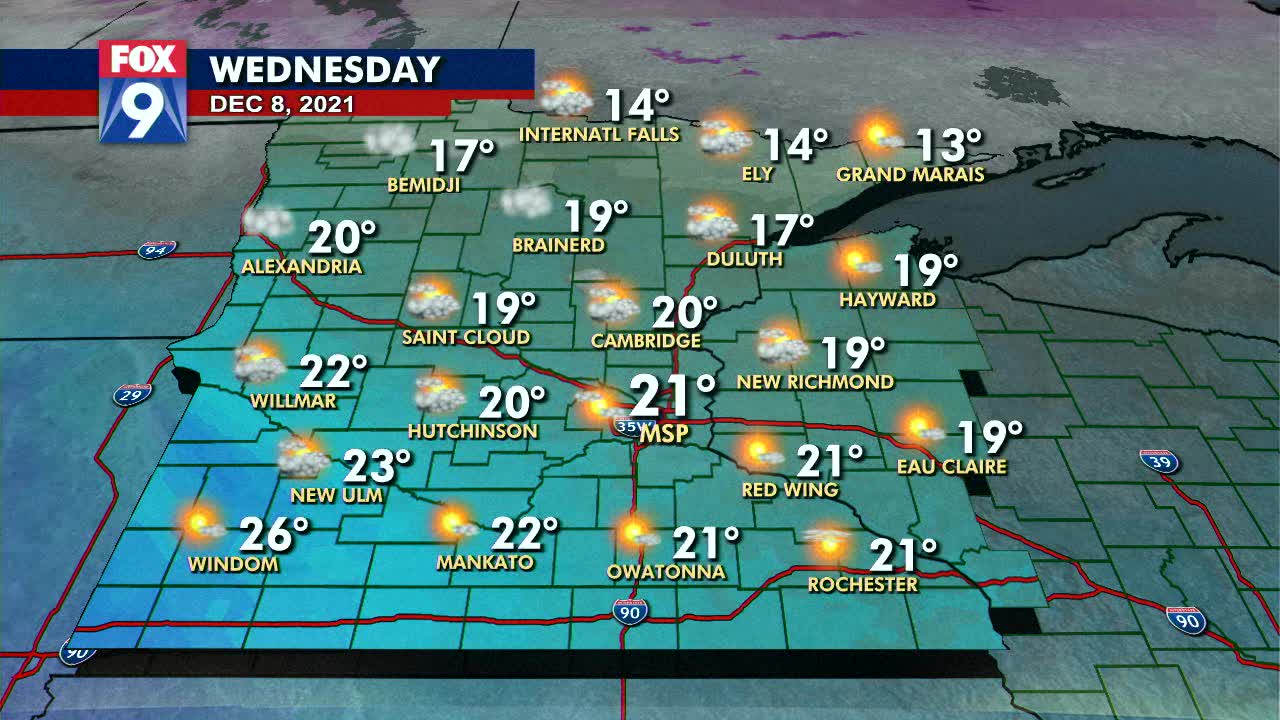 Wednesday's forecast: Cold start will warm to highs in the 20s | FOX 9 ...