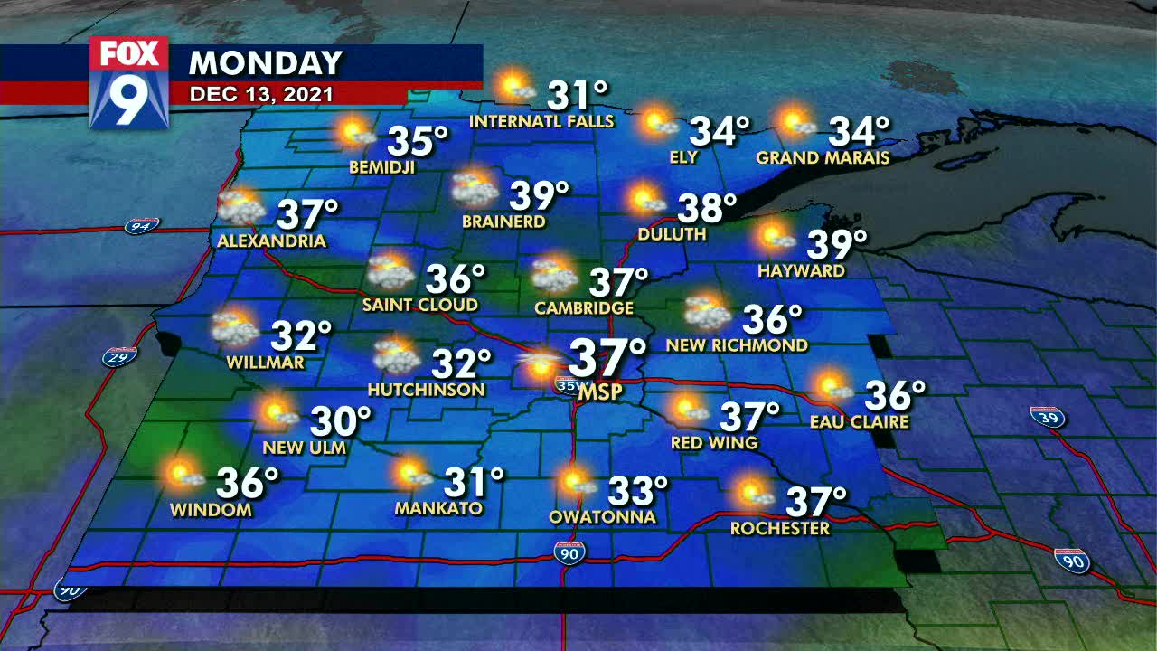 Monday's forecast: Light wind with temps in the upper 30s