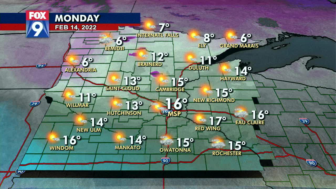 Monday's forecast: A chilly Valentine's day with temps around 10 degrees below average