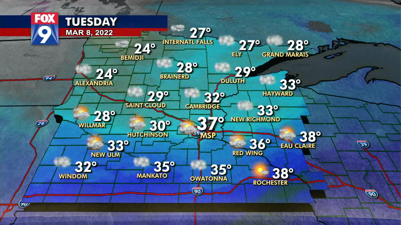 Tuesday's forecast: Highs in the upper 30s