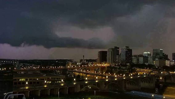 Lightning flashes in wall cloud above St. Paul