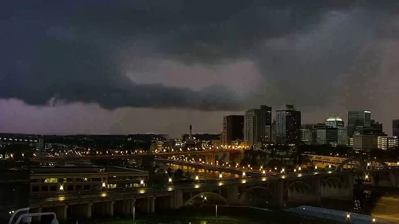 Lightning flashes in wall cloud above St. Paul