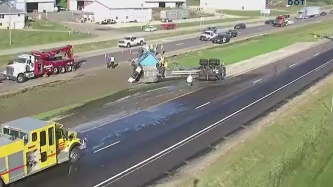 RAW: Semi-truck rolled on Highway 52 in Dakota County